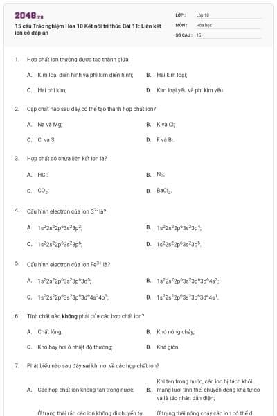 15 câu Trắc nghiệm Hóa 10 Kết nối tri thức Bài 11: Liên kết ion có đáp án