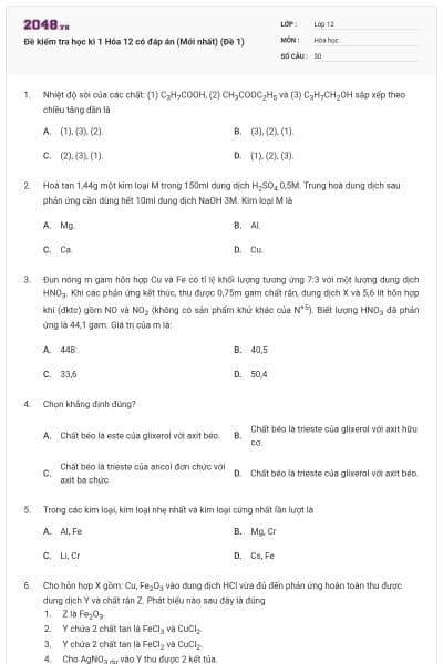 Đề kiểm tra học kì 1 Hóa 12 có đáp án (Mới nhất) (Đề 1)