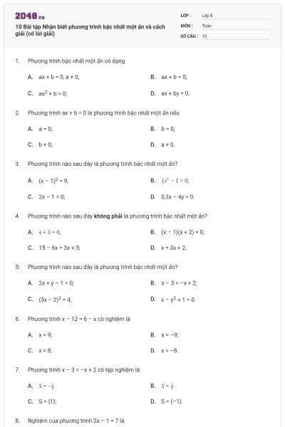 10 Bài tập Nhận biết phương trình bậc nhất một ẩn và cách giải (có lời giải)