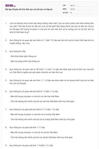 Bài tập Chuyên đề Các lĩnh vực của Sử học có đáp án