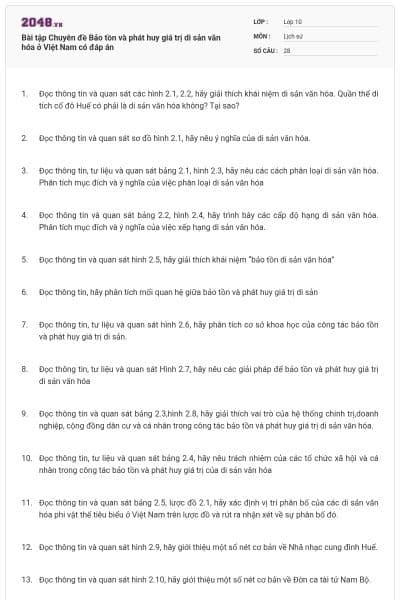 Bài tập Chuyên đề Bảo tồn và phát huy giá trị di sản văn hóa ở Việt Nam có đáp án