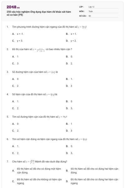 250 câu trắc nghiệm Ứng dụng đạo hàm để khảo sát hàm số cơ bản (P8)