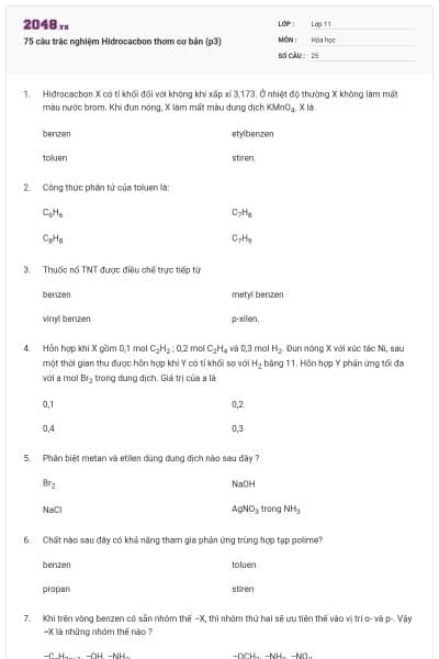 75 câu trắc nghiệm Hidrocacbon thơm cơ bản (p3)