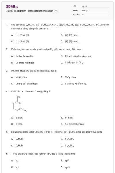 75 câu trắc nghiệm Hidrocacbon thơm cơ bản (P1)