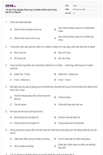 10 câu Trắc nghiệm Khoa học tự nhiên 8 Kết nối tri thức Bài 29 có đáp án