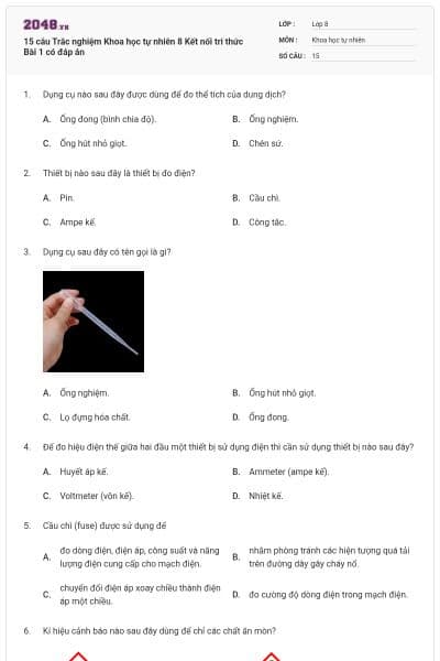 15 câu Trắc nghiệm Khoa học tự nhiên 8 Kết nối tri thức Bài 1 có đáp án