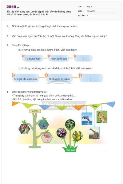 Bài tập Viết sáng tạo: Luyện tập tả một đồ vật thường dùng khi có đi tham quan, du lịch có đáp án