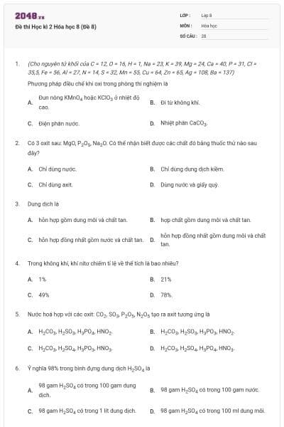 Đề thi Học kì 2 Hóa học 8 (Đề 8)