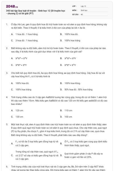 343 bài tập Quy luật di truyền - Sinh học 12 (Di truyền học - chương 2) có lời giải (P7)