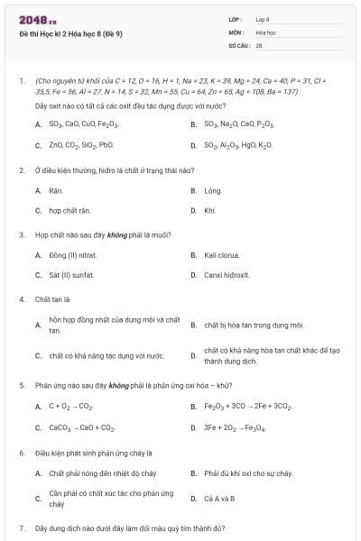 Đề thi Học kì 2 Hóa học 8 (Đề 9)