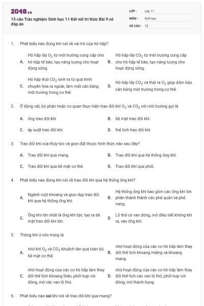 15 câu Trắc nghiệm Sinh học 11 Kết nối tri thức Bài 9 có đáp án