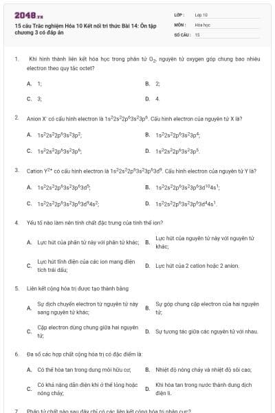 15 câu Trắc nghiệm Hóa 10 Kết nối tri thức Bài 14: Ôn tập chương 3 có đáp án