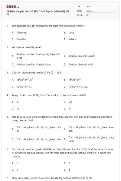 Đề kiểm tra giữa học kì 2 Hóa 12 có đáp án (Mới nhất) (Đề 2)