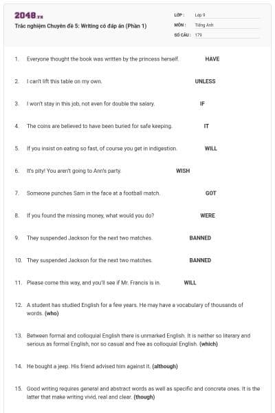 Trắc nghiệm Chuyên đề 5: Writing có đáp án (Phần 1)