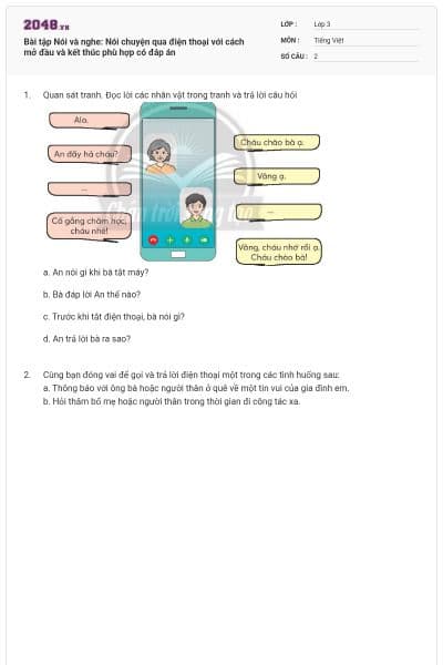 Bài tập Nói và nghe: Nói chuyện qua điện thoại với cách mở đầu và kết thúc phù hợp có đáp án