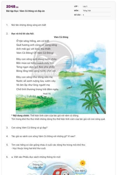 Bài tập Đọc: Vàm Cỏ Đông có đáp án