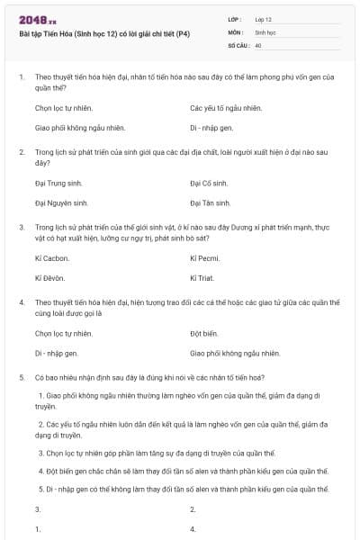 Bài tập Tiến Hóa (Sinh học 12) có lời giải chi tiết (P4)