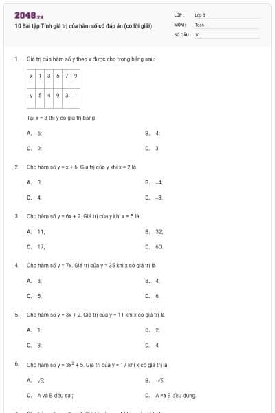 10 Bài tập Tính giá trị của hàm số có đáp án (có lời giải)