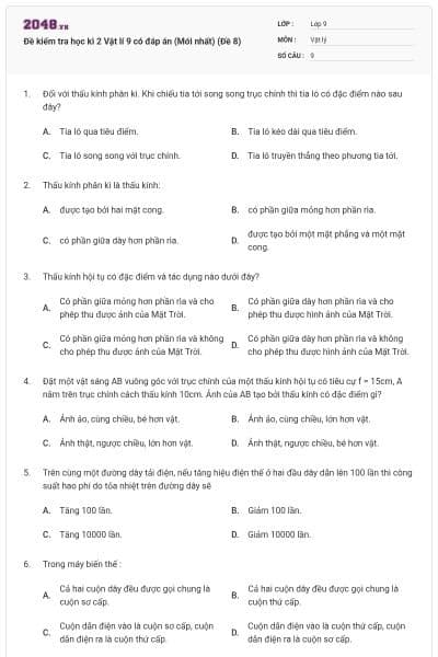 Đề kiểm tra học kì 2 Vật lí 9 có đáp án (Mới nhất) (Đề 8)