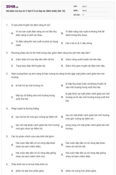 Đề kiểm tra học kì 2 Vật lí 9 có đáp án (Mới nhất) (Đề 10)