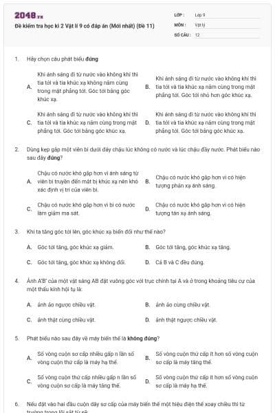 Đề kiểm tra học kì 2 Vật lí 9 có đáp án (Mới nhất) (Đề 11)