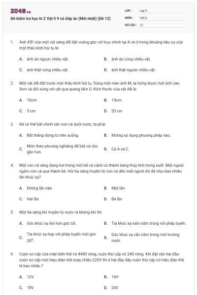 Đề kiểm tra học kì 2 Vật lí 9 có đáp án (Mới nhất) (Đề 12)