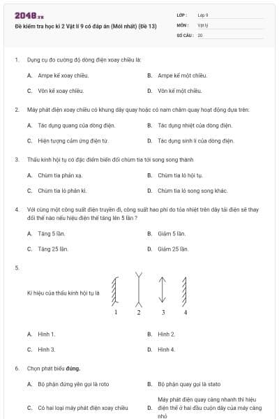 Đề kiểm tra học kì 2 Vật lí 9 có đáp án (Mới nhất) (Đề 13)