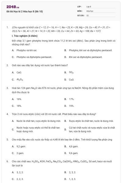 Đề thi Học kì 2 Hóa học 8 (Đề 10)
