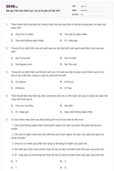 Bài tập Tiến Hóa (Sinh học 12) có lời giải chi tiết (P4)