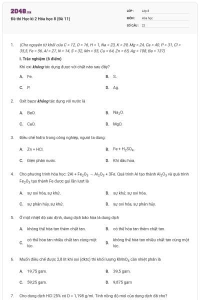Đề thi Học kì 2 Hóa học 8 (Đề 11)