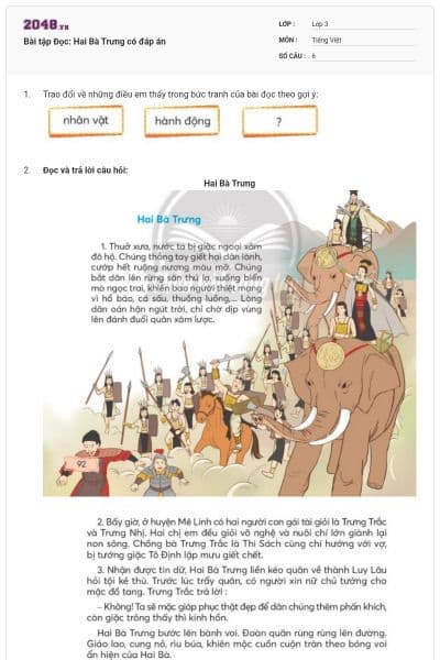 Bài tập Đọc: Hai Bà Trưng có đáp án