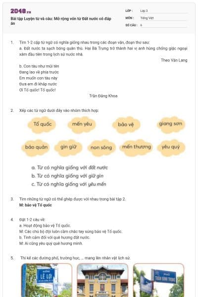 Bài tập Luyện từ và câu: Mở rộng vốn từ Đất nước có đáp án