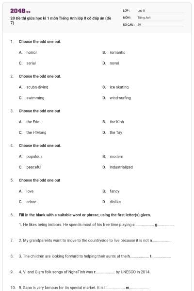 20 Đề thi giữa học kì 1 môn Tiếng Anh lớp 8 có đáp án (đề 7)