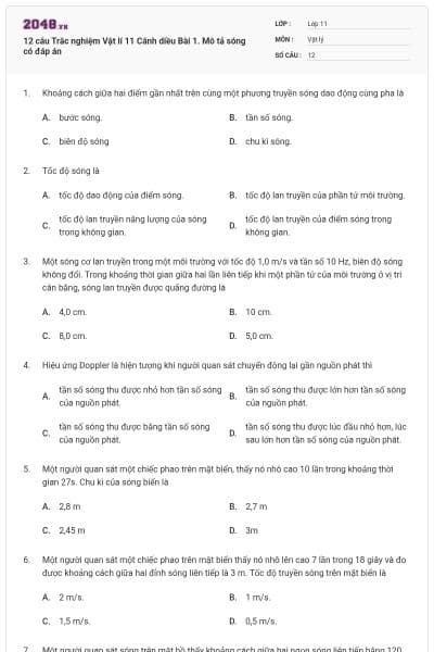 12 câu Trắc nghiệm Vật lí 11 Cánh diều Bài 1. Mô tả sóng có đáp án