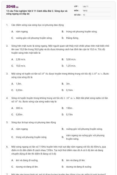 12 câu Trắc nghiệm Vật lí 11 Cánh diều Bài 2. Sóng dọc và sóng ngang có đáp án