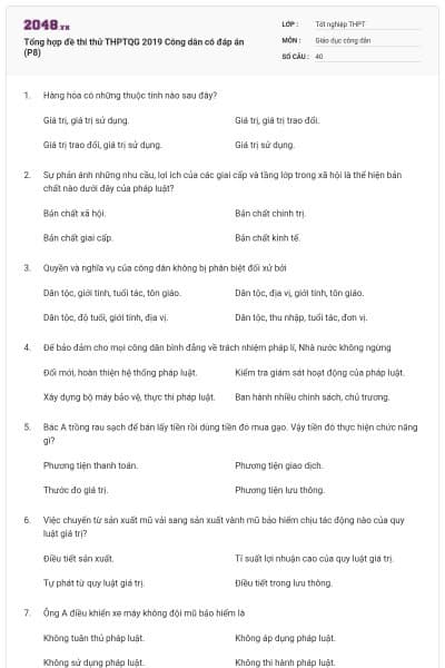 Tổng hợp đề thi thử THPTQG 2019 Công dân có đáp án (P8)