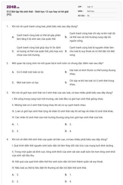 512 Bài tập Hệ sinh thái - Sinh học 12 cực hay có lời giải (P2)