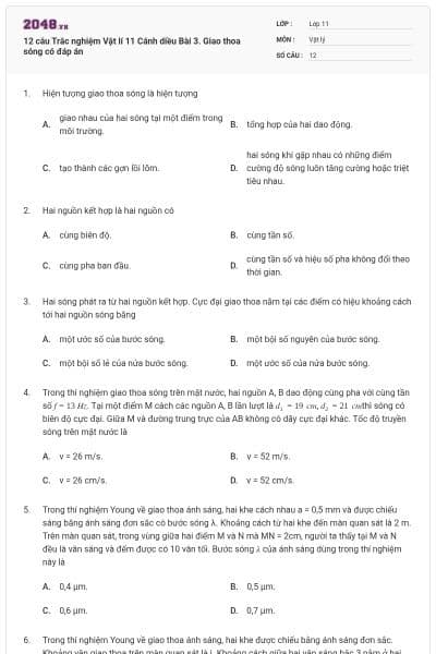 12 câu Trắc nghiệm Vật lí 11 Cánh diều Bài 3. Giao thoa sóng có đáp án