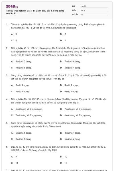 12 câu Trắc nghiệm Vật lí 11 Cánh diều Bài 4. Sóng dừng có đáp án
