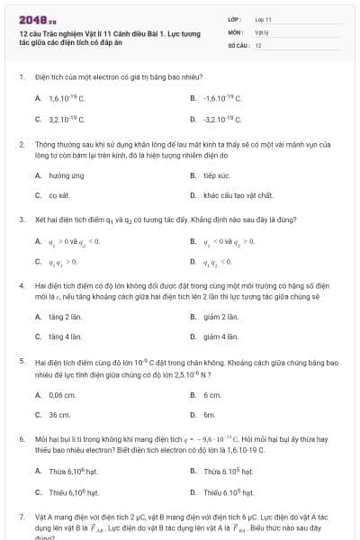 12 câu Trắc nghiệm Vật lí 11 Cánh diều Bài 1. Lực tương tác giữa các điện tích có đáp án