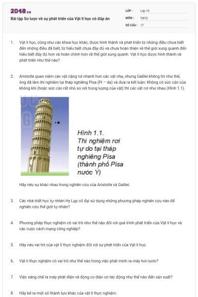 Bài tập Sơ lược về sự phát triển của Vật lí học có đáp án