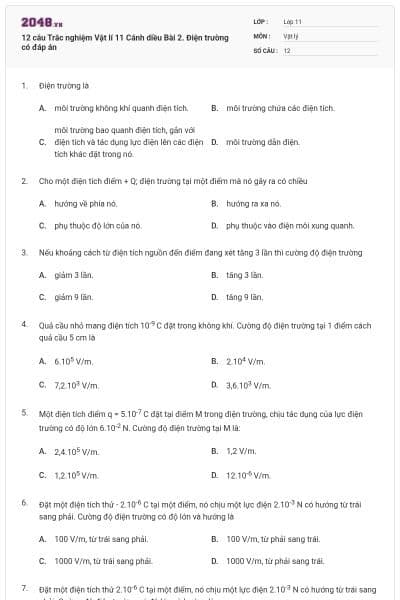 12 câu Trắc nghiệm Vật lí 11 Cánh diều Bài 2. Điện trường có đáp án