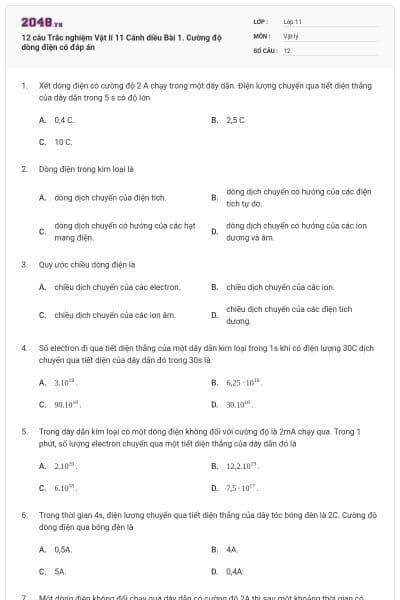 12 câu Trắc nghiệm Vật lí 11 Cánh diều Bài 1. Cường độ dòng điện có đáp án
