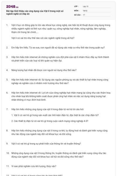 Bài tập Giới thiệu các ứng dụng của Vật lí trong một số ngành nghề có đáp án