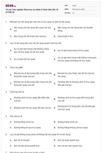 10 câu Trắc nghiệm Khoa học tự nhiên 8 Cánh diều Bài 18 có đáp án