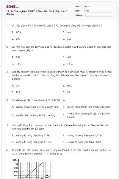 12 câu Trắc nghiệm Vật lí 11 Cánh diều Bài 2. Điện trở có đáp án