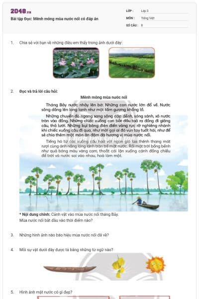 Bài tập Đọc: Mênh mông mùa nước nổi có đáp án