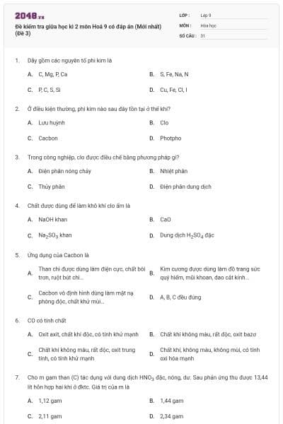 Đề kiểm tra giữa học kì 2 môn Hoá 9 có đáp án (Mới nhất) (Đề 3)