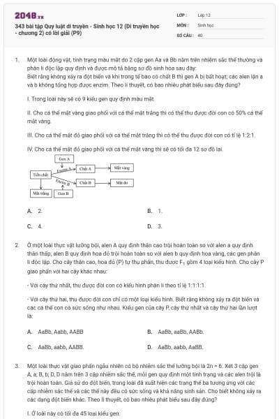 343 bài tập Quy luật di truyền - Sinh học 12 (Di truyền học - chương 2) có lời giải (P9)