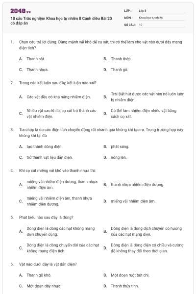 10 câu Trắc nghiệm Khoa học tự nhiên 8 Cánh diều Bài 20 có đáp án